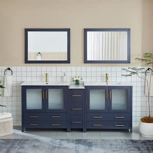 Brescia 84 in. W x 18 in. D x 36 in. H Double Sink Bathroom Vanity in Blue with White Ceramic Top and Mirror