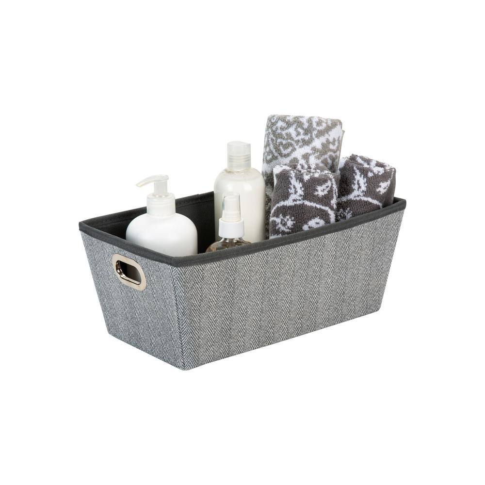 Small Gray Herringbone Fabric Storage Box with Grommet Handles