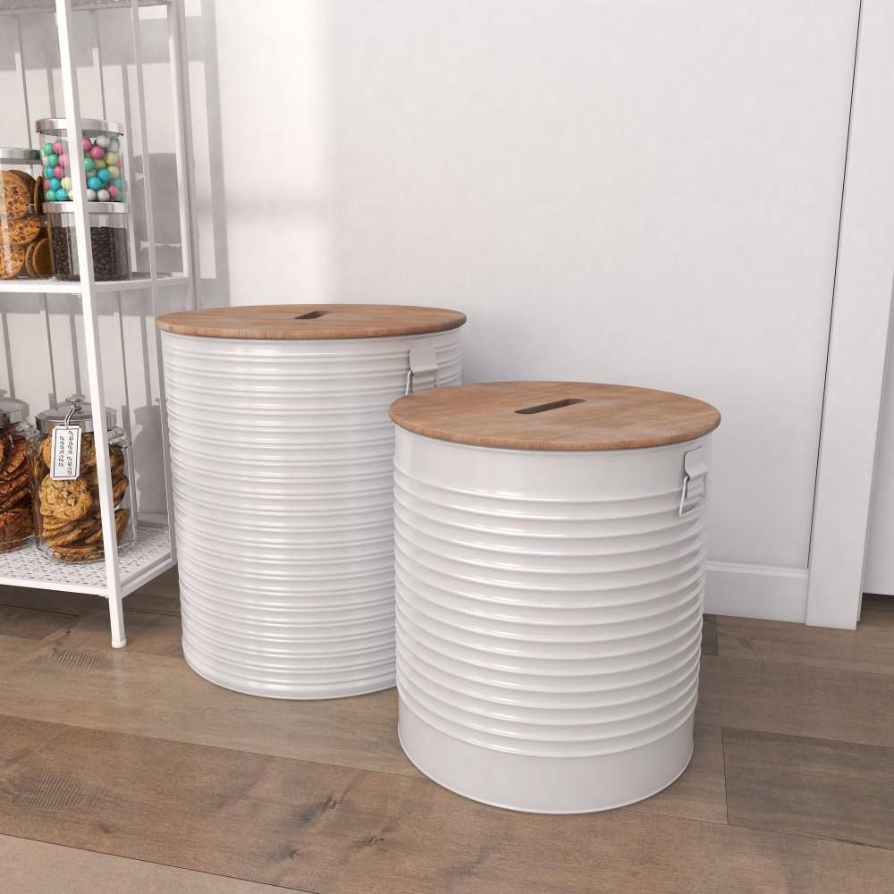 White Metal Cylinder Storage Stools with Brown Wood Tops, Set of 2