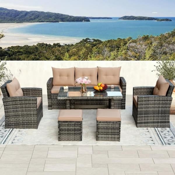 ESSENTIAL LOUNGER 6-Piece Wicker Patio Conversation Set with Brown Cushions