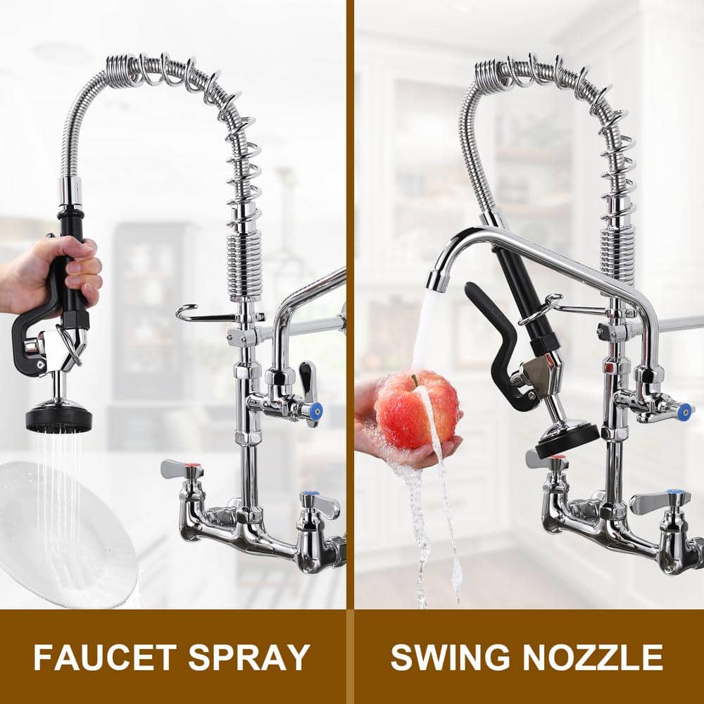 21 in. Polished Chrome Triple Handle Wall Mount Kitchen Faucet with Pull-out Spray