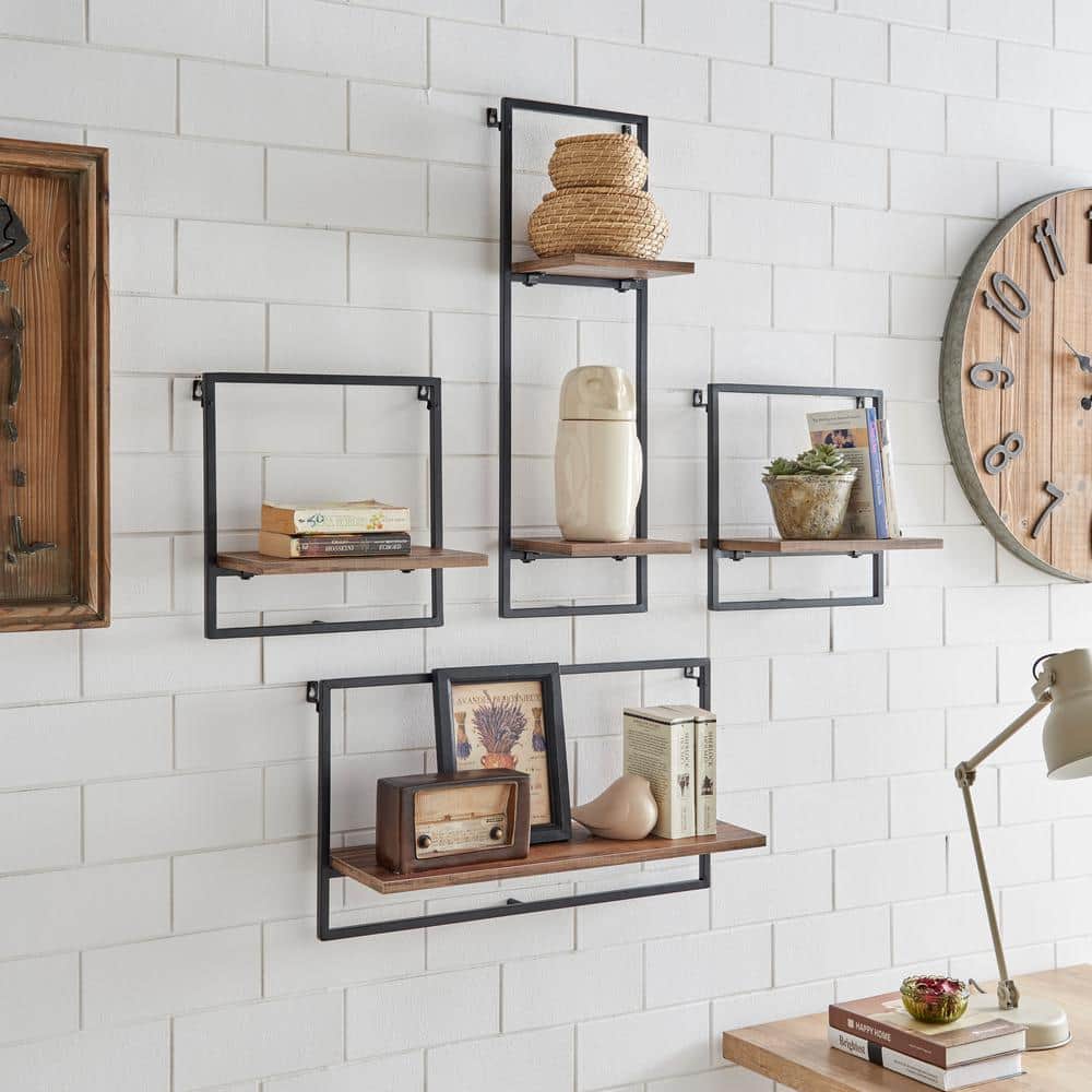 Rustic Black Metal Frame Floating Wall Shelf Set
