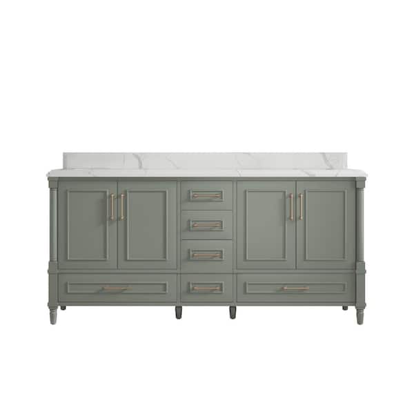 Willow Collections Hudson 72 in. W x 22 in. D x 36 in. H Double Sink Bath Vanity in Evergreen with 1.5 in. Calacatta Laza Quartz Top