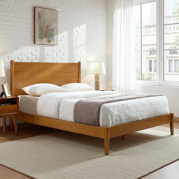 Placidus Yellow Wood Frame Queen Platform Bed with Tapered Wood Leg