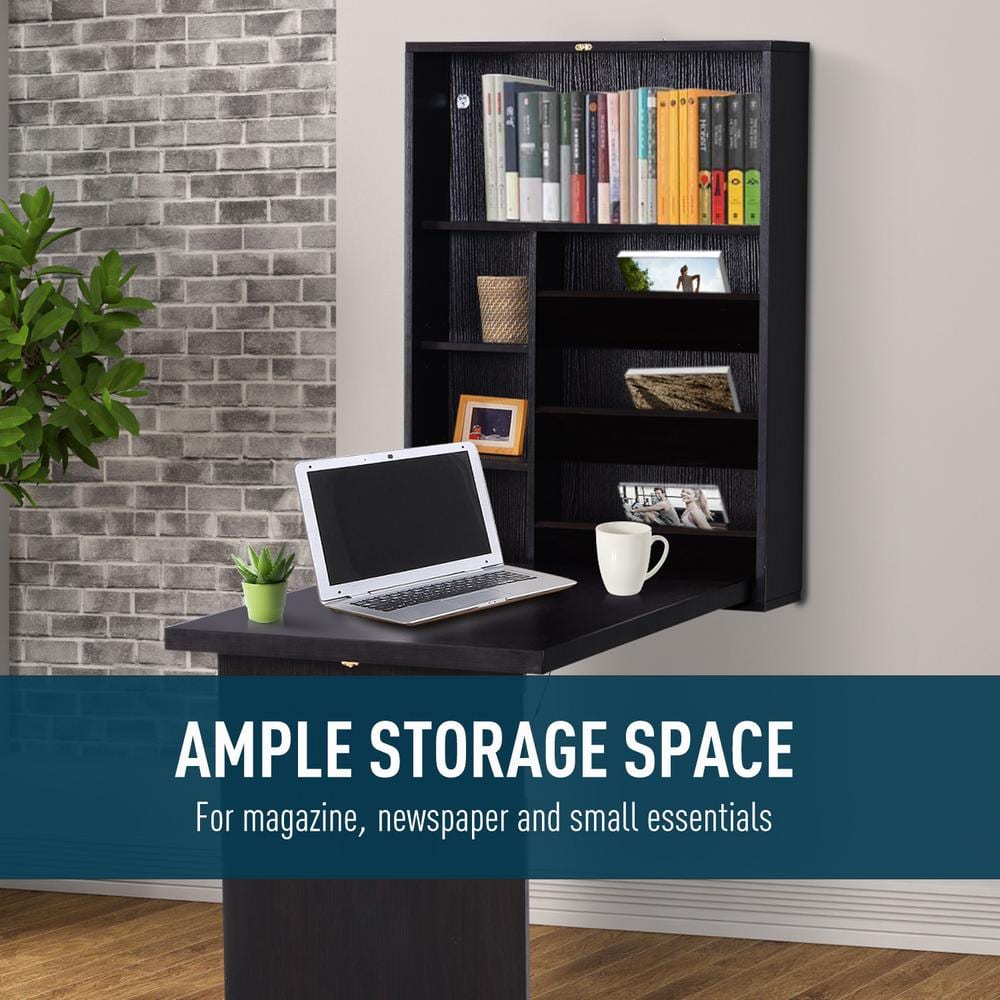 Espresso Brown Foldable Wall Mounted Writing Desk with Storage