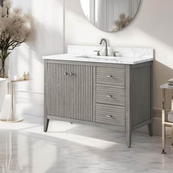 42 in. W x 22 in D x 38 in. H Single Sink Bath Vanity Cabinet in Linear Driftwood Gray with White Engineered Marble Top