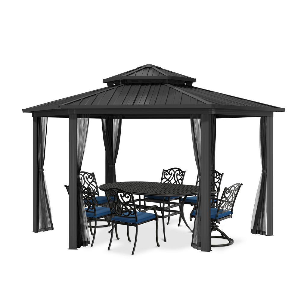 Boyel Living 15 ft. x 15 ft. Black Outdoor Hexagon Hardtop Gazebo with Nettings Aluminum Frame