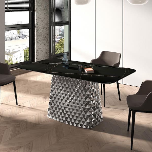 Monland Modern Rectangle Black Lauren Blackstone Top 62.99 in. StainlessSteel Hydrographic Mirror Pedestal Dining Table(6-Seats)