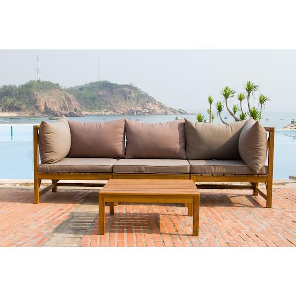 SAFAVIEH Lynwood Modular Teak Brown 2-Piece Outdoor Sectional Set with Taupe Cushions