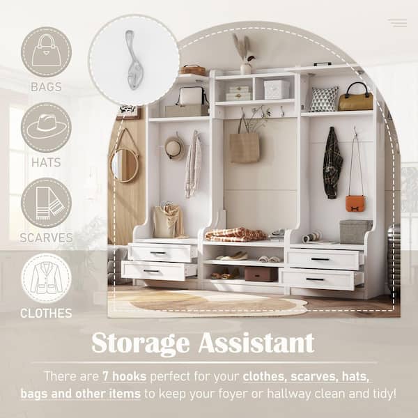 70 in. H x 78 in. W Modern Shoe Storage Bench with 4 Drawers & 7 Hooks, 4-in-1 Detachable Hall Tree, Beige