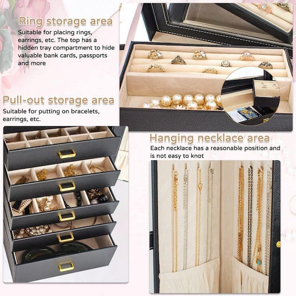 Angel Sar Huge Jewelry Box Organizer with Mirror, Large Leather