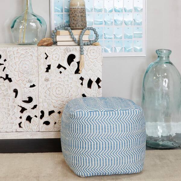 Litton Lane 19 in. Blue Square MIcrofiber Bohemian Pouf