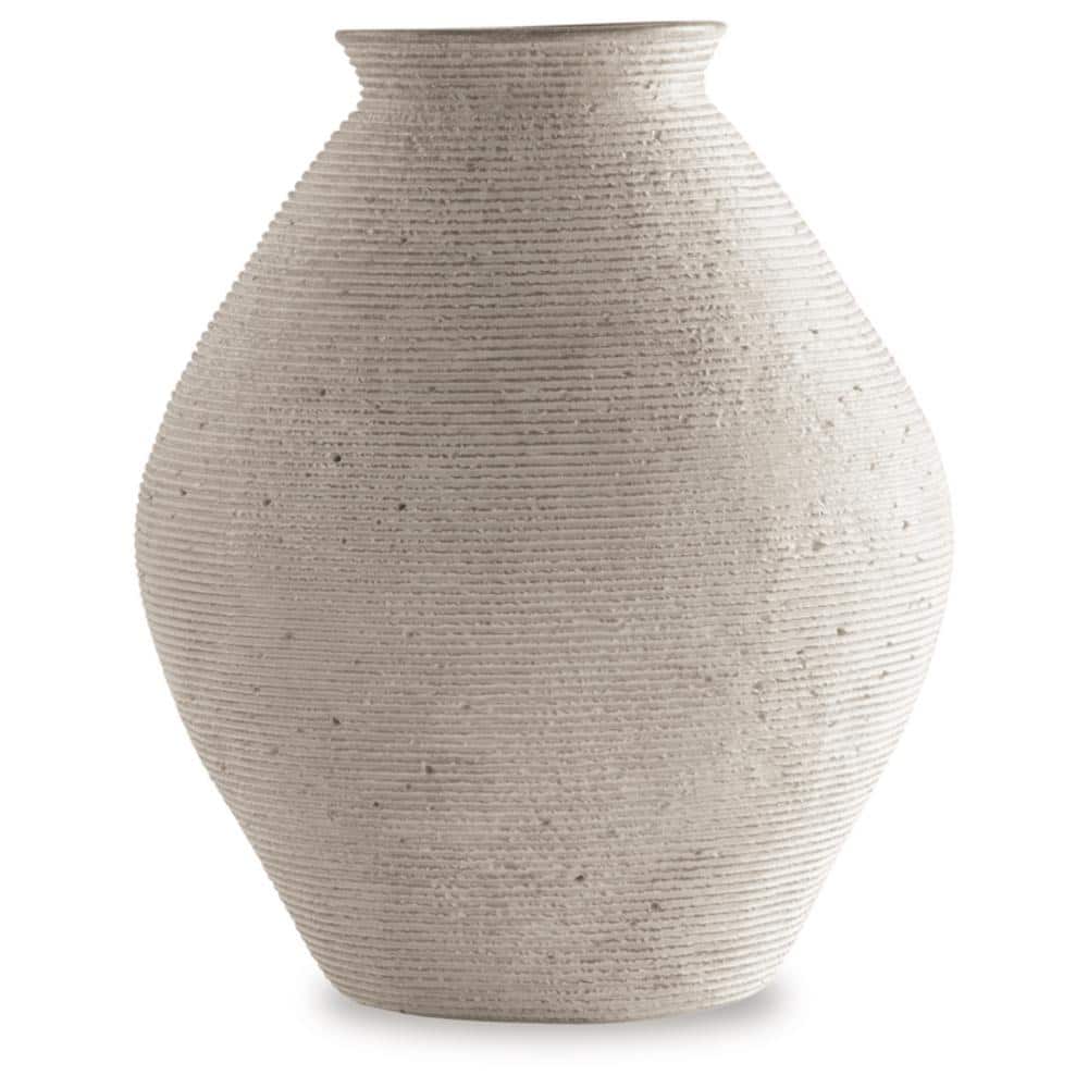 Beige Ribbed Polyresin 12" Contemporary Vase