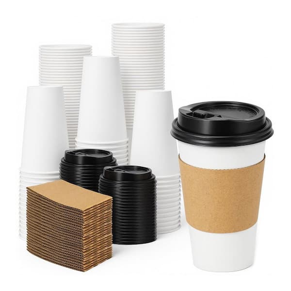 16 in. White Disposable Paper Coffee Cup Black Lid Kraft Sleeve Disposable Tableware 100 Pack Per Case