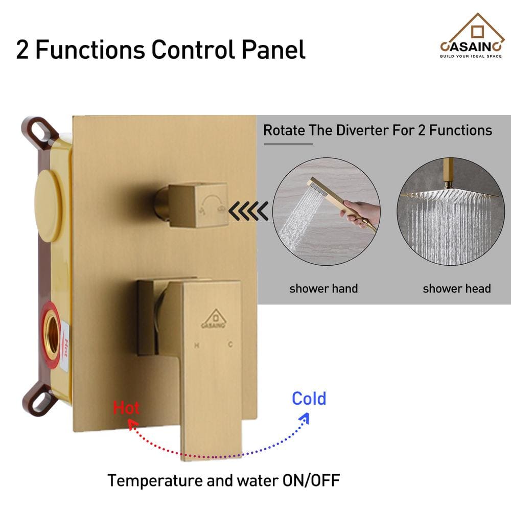 Brushed Gold Large Square Dual Rain Shower System with Handheld
