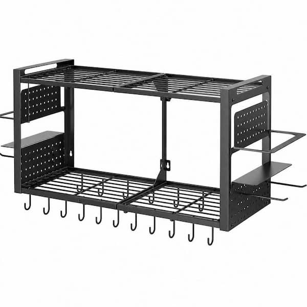 31 in. Black Metal 2-Tier Wall Mount Pot Rack, Kitchen Cookware Spice Utensil Organizer with 20 hooks, for Kitchen