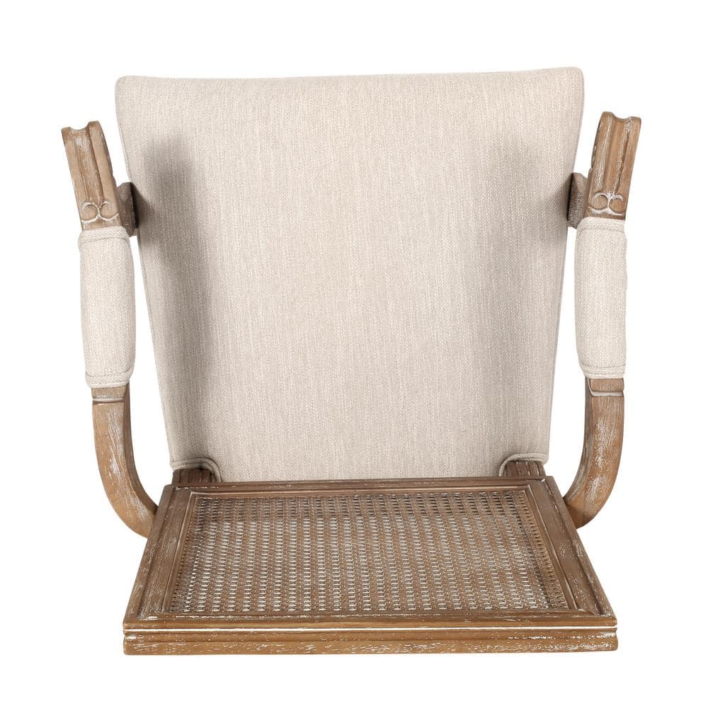 Beige Upholstered Wood and Cane Arm Chair Set