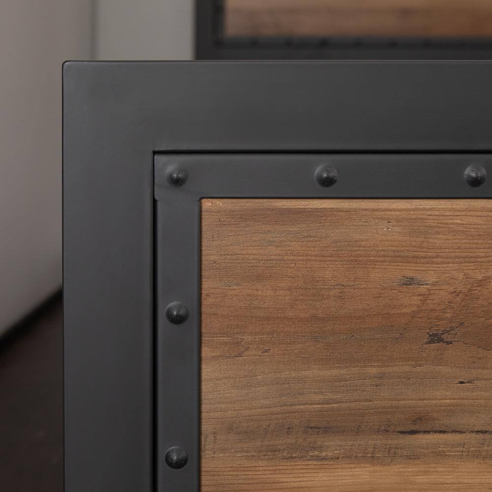 Rustic Oak Queen Bed with Metal Frame and Wood Headboard
