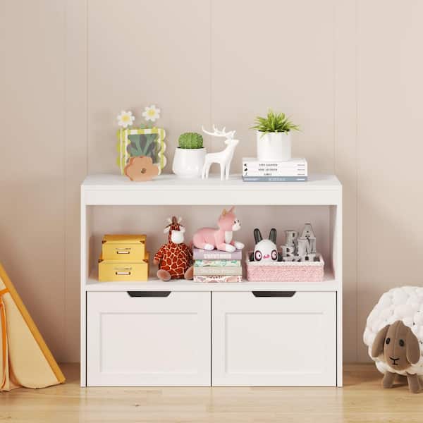 Modern 31.5 in. W White Kids Storage Cabinet with 2 Storage Drawers and Open Shelves