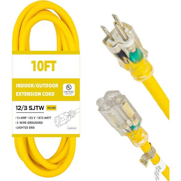 Flexible 10 ft. 12/3 Waterproof Outdoor 3-Prong Heavy Duty Extension Cord with 15 Amp 1875-Watt SJTW Yellow ETL Listed
