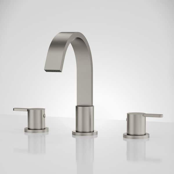 3-Hole Waterfall 8 in. Widespread Double Handle High-Arc Bathroom Sink Faucet in Brushed Nickel Drain Included