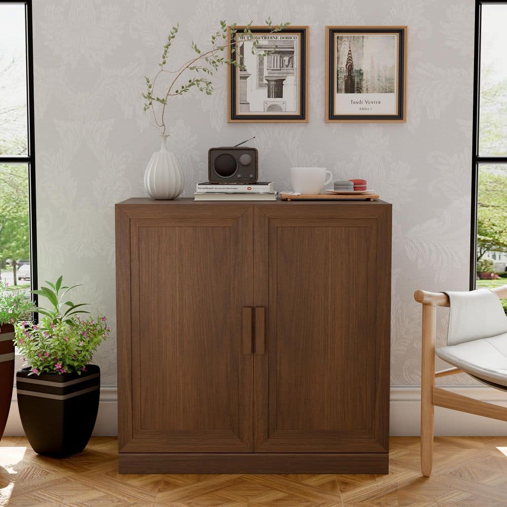 Solid Wood Light Walnut 31 in. H Storage Cabinet with Adjustable Shelves