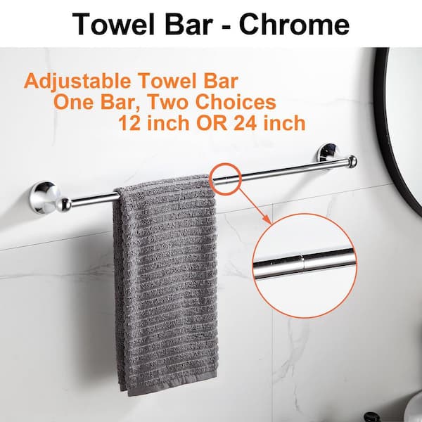 24 in. Wall Mounted Adjustable Expandable Durable Metal Towel Bar, 4-Piece Bathroom Hardware Set in Chrome