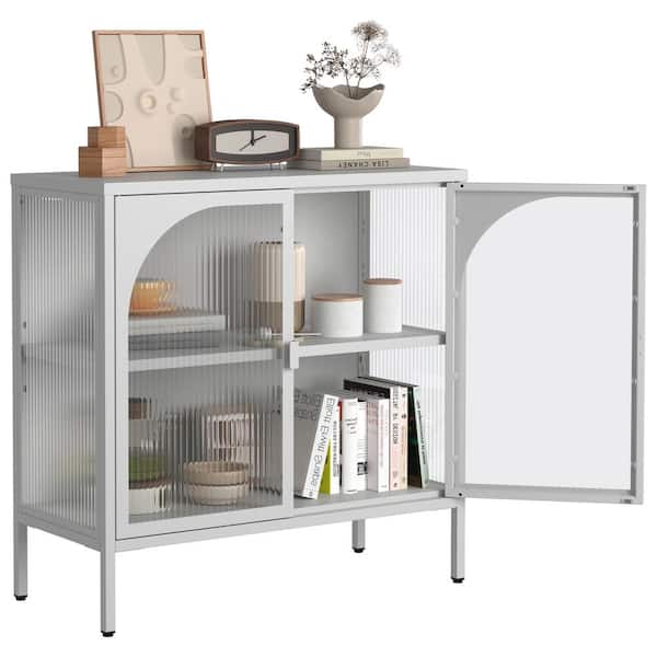 FUNKOL 31.5 in. x 13.8 in. x 31.5 in. White Metal Storage Cabinet w/2 Glass Cabinet-Doors and Adjustable Shelves Holds 200 lbs.