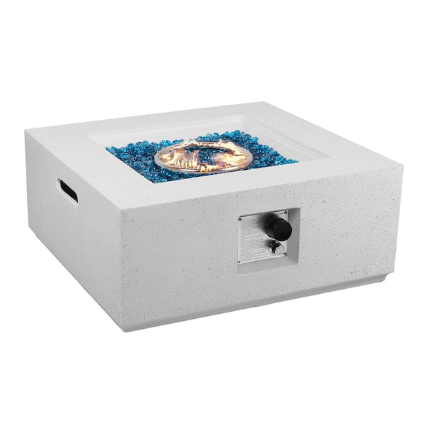 28 in. Square Terrazzo Outdoor Fire Pit Table with Blue Glass Stone and Rain Cover in Off-White