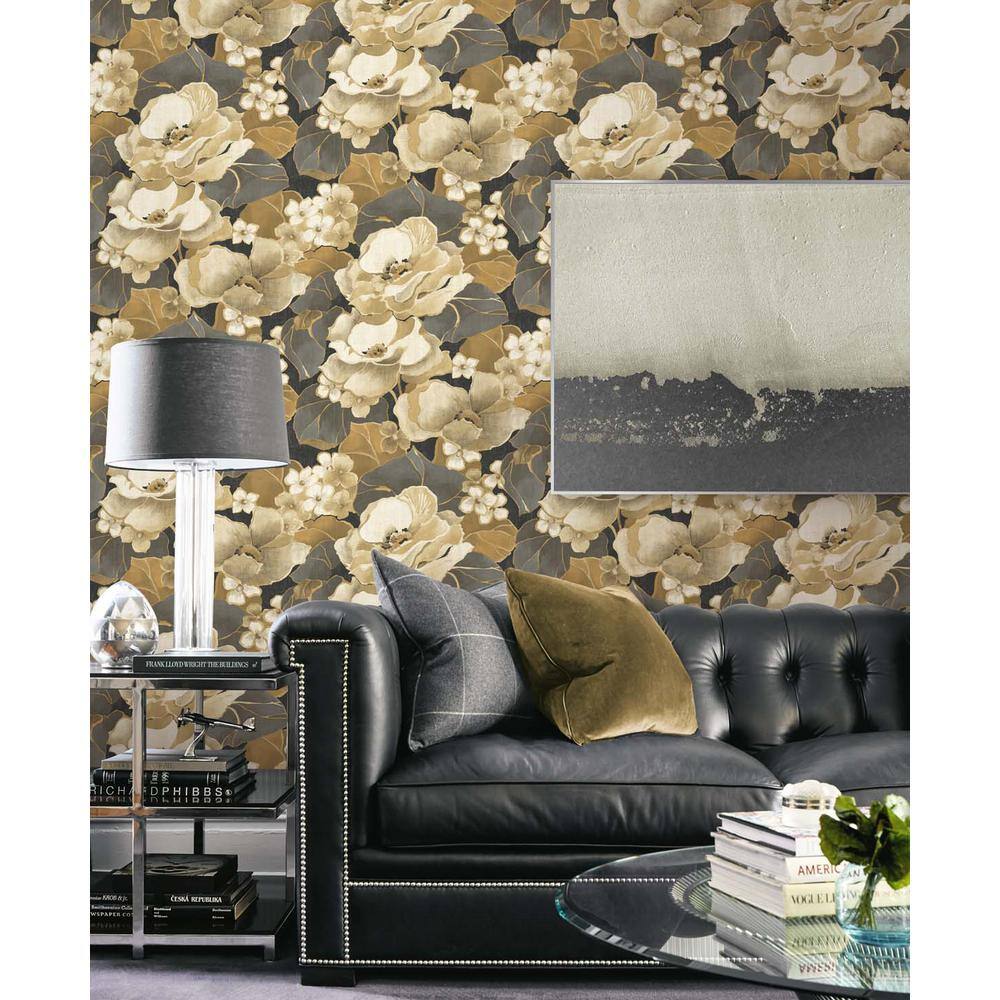 Ebony and Antique Gold Floral Peel and Stick Wallpaper