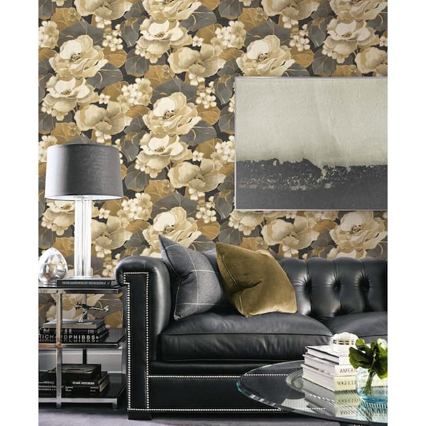 30.75 sq. ft. Ebony & Antique Gold Nouveau Floral Vinyl Peel and Stick Wallpaper Roll