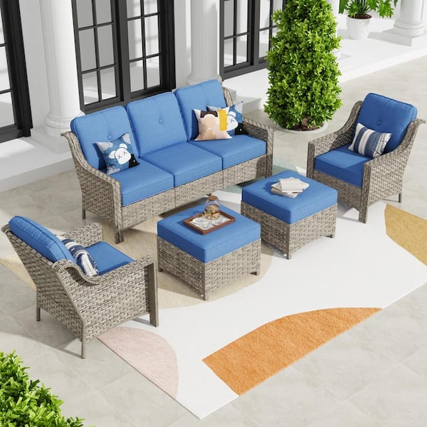 Toject Eureka Grey 5-Piece Wicker Modern Outdoor Patio Conversation Sofa Seating Set with Blue Cushions