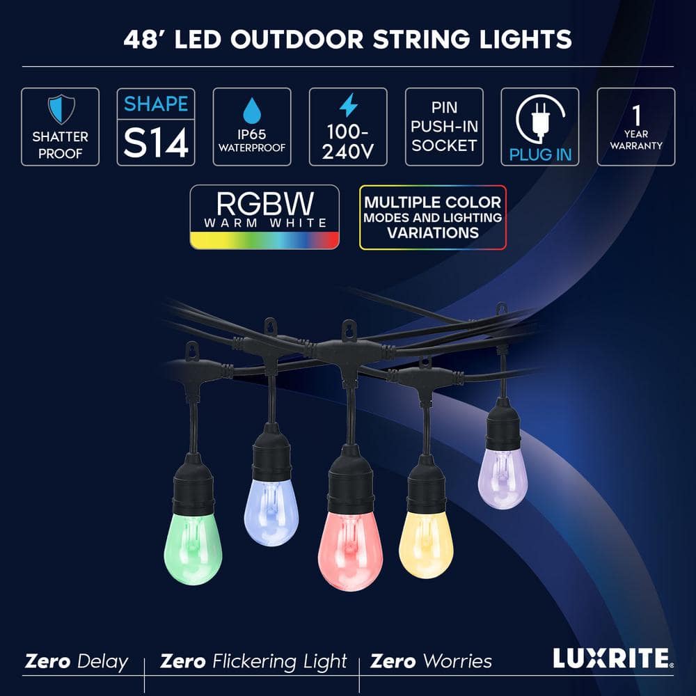 48FT Multicolor LED Outdoor String Lights with Remote Control