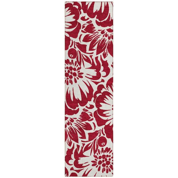 2' X 8' Red And Ivory Floral Indoor Outdoor Area Rug 2' X 8' Red And Ivory Floral Indoor Outdoor Area Rug