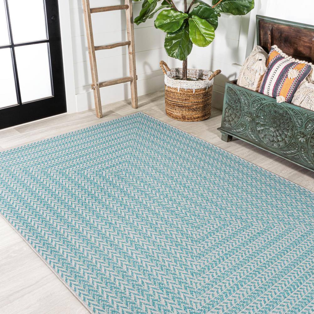 Aqua and Light Gray Geometric Synthetic 3x5 Indoor/Outdoor Rug