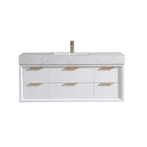 Xspracer Moray 48 in. W x 21 in. D x 21 in. H Single Sink Floating Bath Vanity in White with White Engineer Marble Countertop