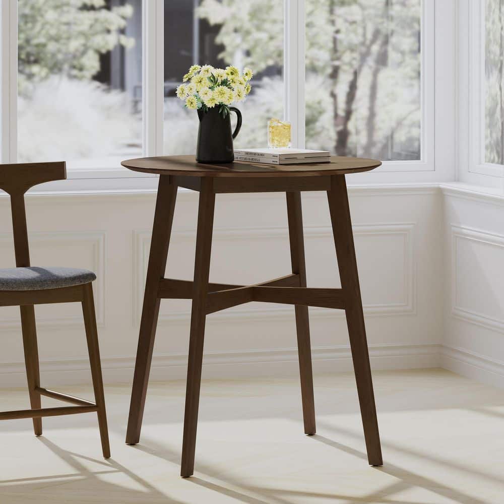 Rustic 36 in. H Walnut Round Rubber Wood Bar Table with Tapered Legs for Kitchen Dining Room or Home Bar
