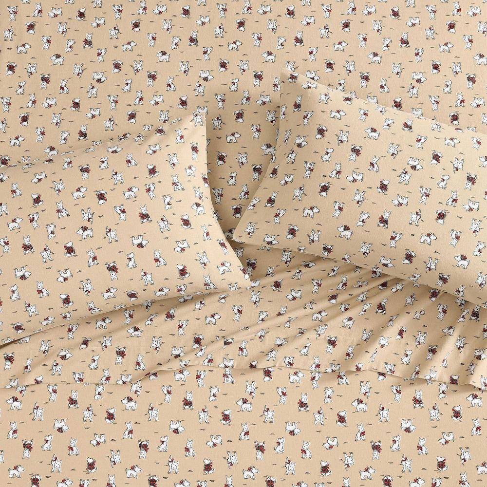 Holiday Scottie Beige Cotton Flannel Twin Bedding Set