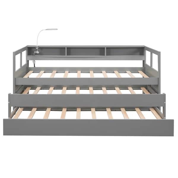 Gray Wood Twin XL Daybed Frame Sofa Bed with 2 Trundles, 3 Storage Cubbies and USB Charging, 1 Light for Free