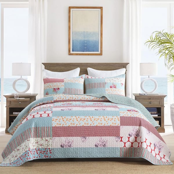 BY331 Blue Floral Patchwork Pattern King Size Polyester Quilt Set Bedspread Set