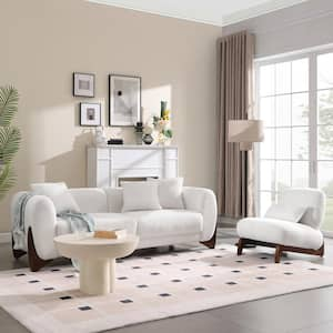 Luxury Cloud Couch 2-Piece White Teddy Velvet Sofa and Chair with Solid Wood Leg Living Room Set for Apartment