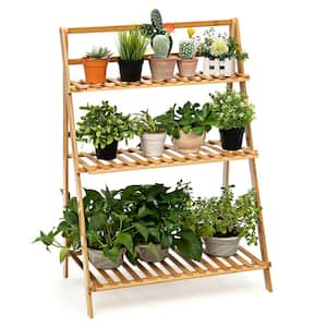 Folding Storage Shelf Indoor and Outdoor Natural Wood Ladder Plant Stand Flower Pot Display Shelf Rack 3-Tier