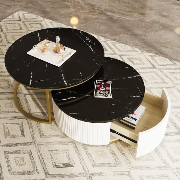 31.5 in. Black Wood Modern Round Nesting End Table Coffee Table with Drawer