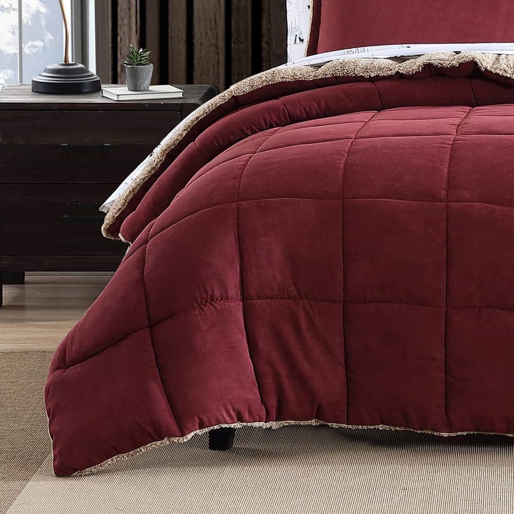 Twin Red Microfiber Reversible Comforter and Sham Set