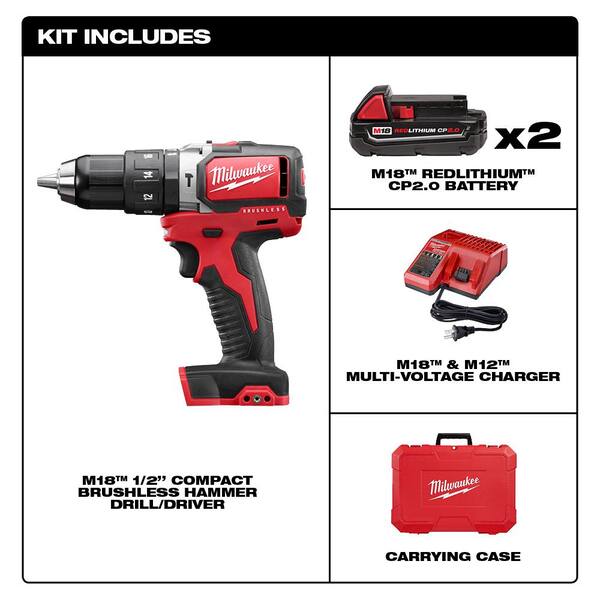 Milwaukee - M18 18-Volt Lithium-Ion Brushless Cordless 1/2 in. Compact Hammer Drill/Driver Kit W/ (2) 2.0Ah Batteries & Hard Case