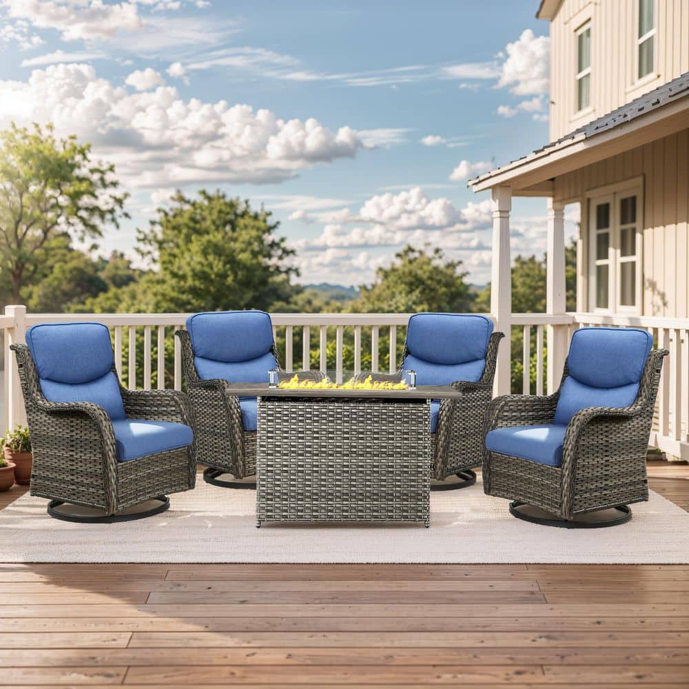 Carolina 5-Piece Gray Wicker Outdoor Fire Pit Table with Swivel Chair Blue Cushions price history on PriceWatchPro