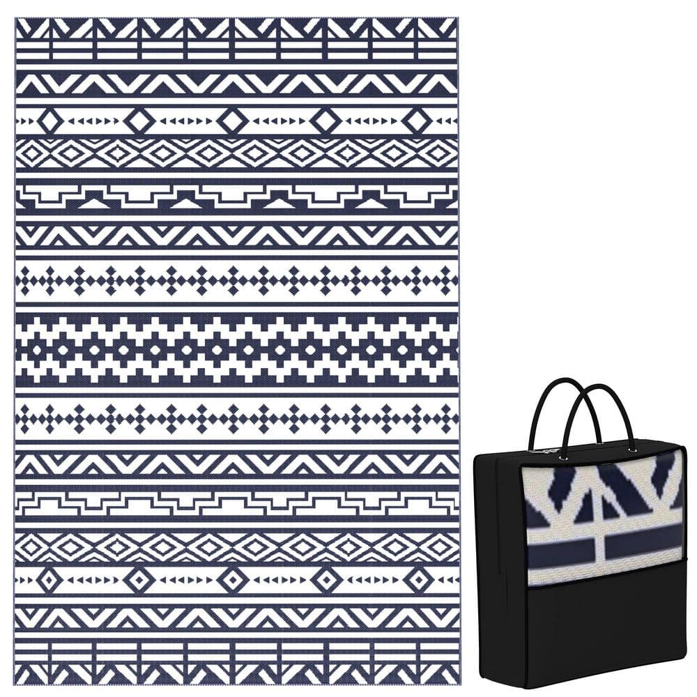 Blue and White 6 ft. x 9 ft. Geometric Wall Waterproof Plastic Reversible O