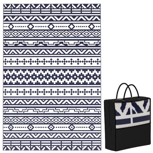 Outsunny Blue and White 6 ft. x 9 ft. Geometric Wall Waterproof Plastic Reversible Outdoor Rug Large Straw Floor Mat Area Rug