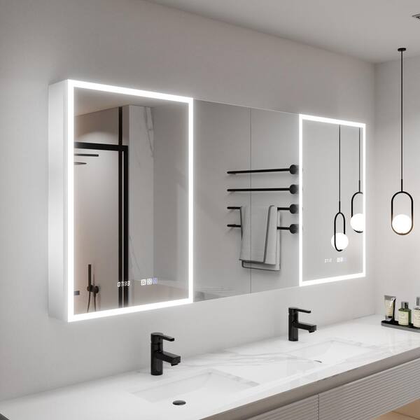 Aura 64 in.W x 30 in.H Rectangular Aluminum Recessed/Surface Mount Dual Swing Medicine Cabinet with Mirror LED