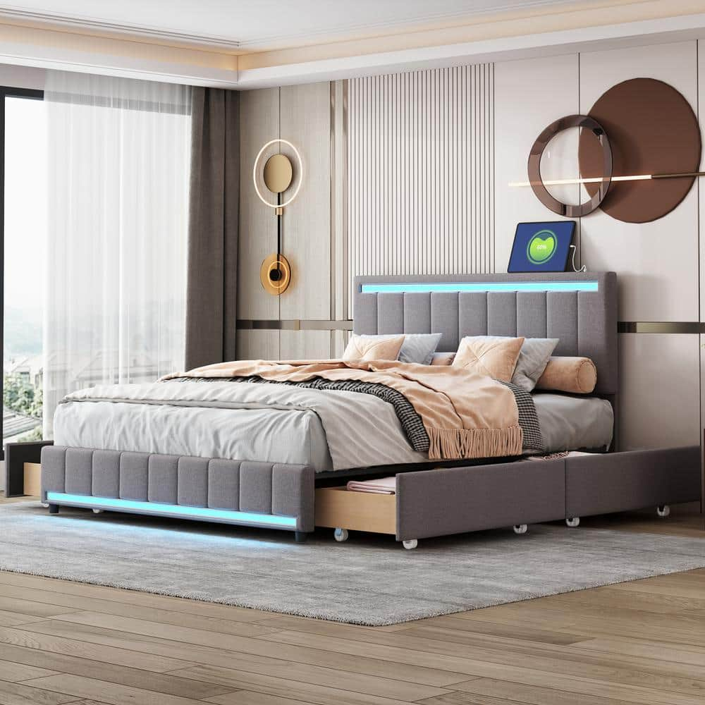 Harper And Bright Designs Gray Wood Frame Queen Size Upholstered Platform Bed With 4 Drawer Led 3782